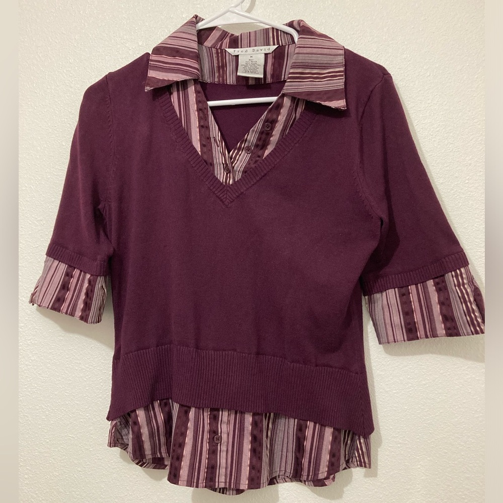 FRED DAVID Women knit shirt top Purple V-neck button 3/4 Sleeve Medium